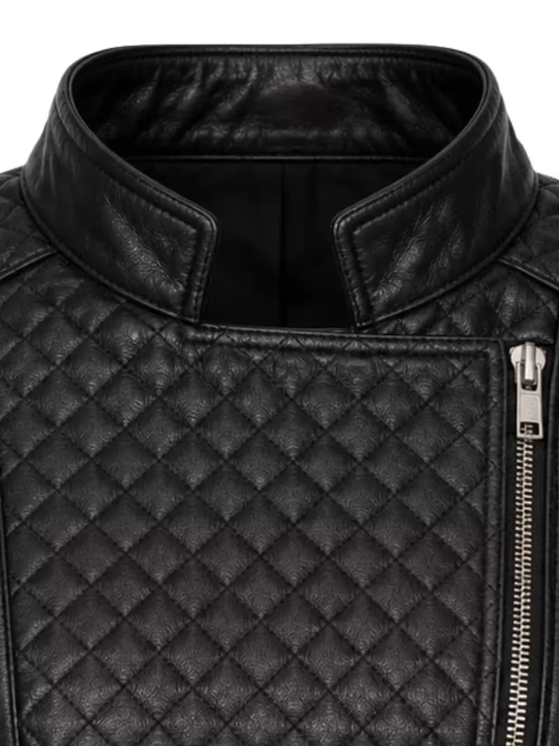 Women's black sheepskin leather biker jacket, zip and closure detail