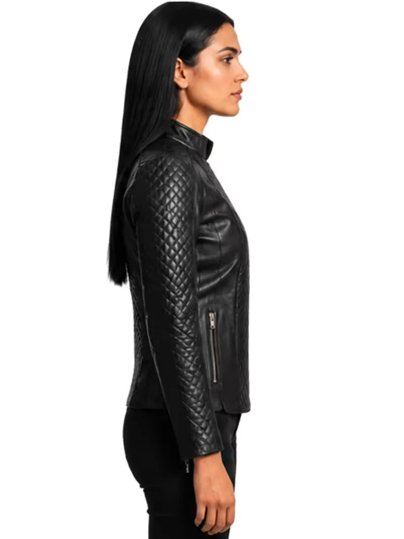 Women's black sheepskin leather biker jacket, side view
