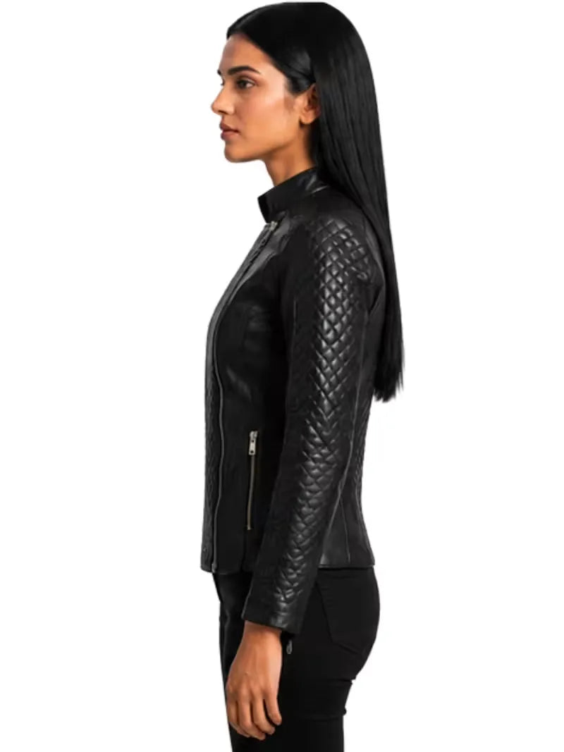 Women's black sheepskin leather biker jacket, collar detail