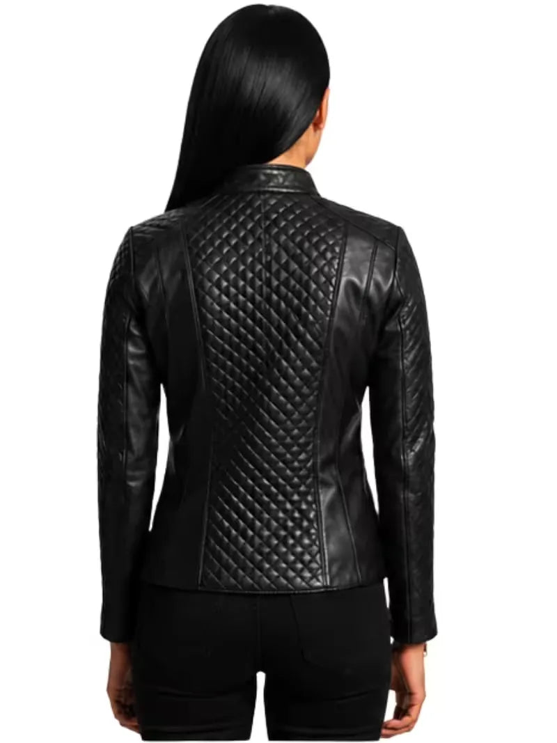 Women's black sheepskin leather biker jacket, back view