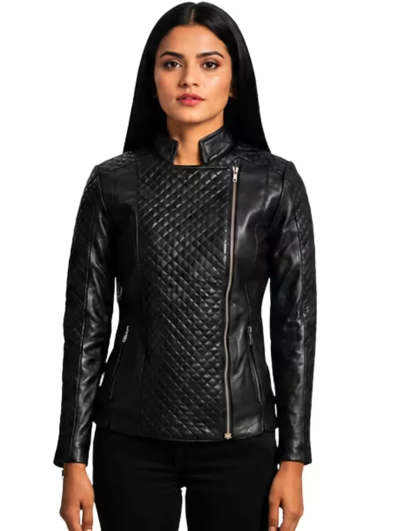 Women's black sheepskin leather biker jacket, front view