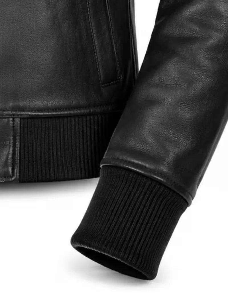Women's black shearling leather jacket, lining detail