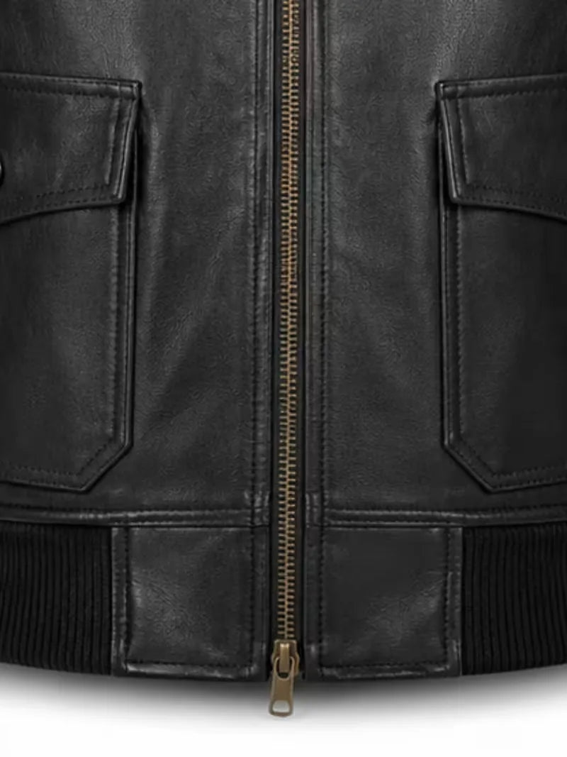 Women's black shearling leather jacket, pocket detail