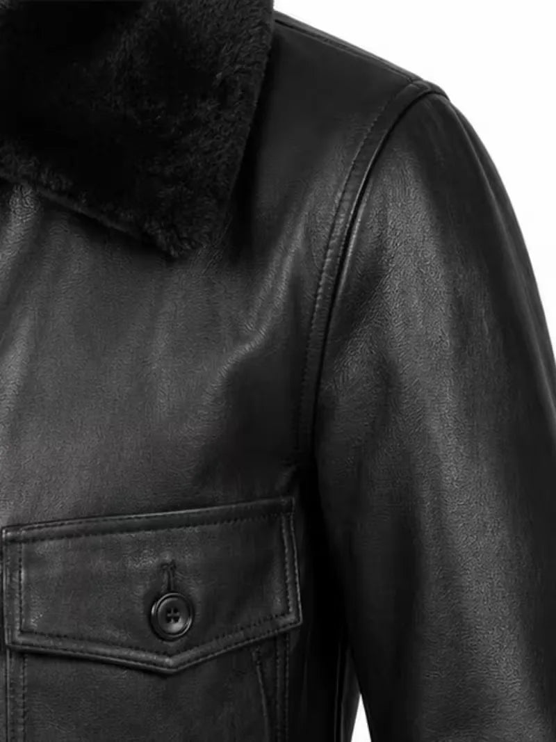 Women's black shearling leather jacket, cuff detail