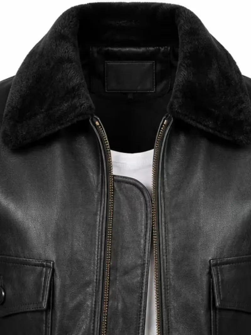 Women's black shearling leather jacket, zip and closure detail