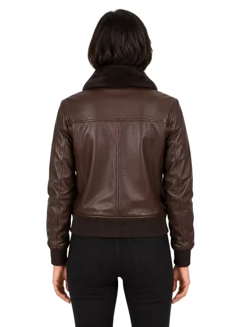 Women's black shearling leather jacket, collar detail