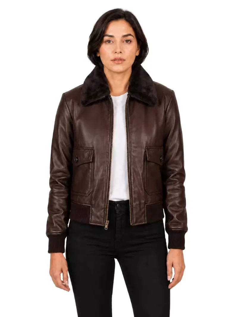 Women's black shearling leather jacket, side view