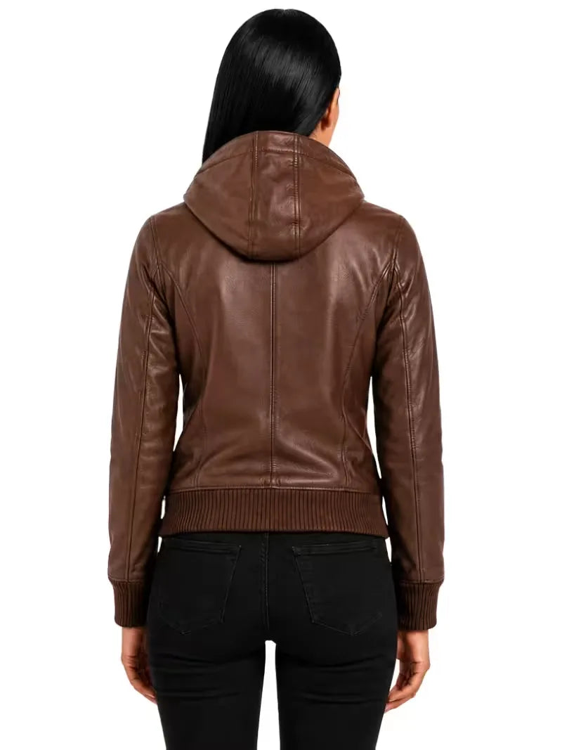 Women's black sheepskin leather bomber jacket, collar detail