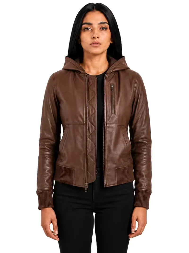 Women's black sheepskin leather bomber jacket, side view