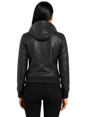 Women's black sheepskin leather bomber jacket, back view