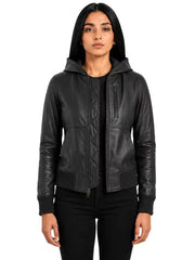 Women's black sheepskin leather bomber jacket, front view