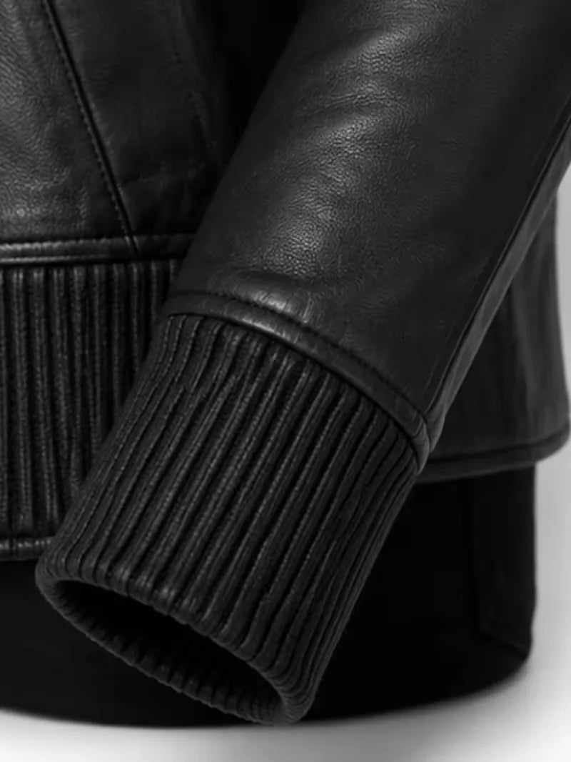 Women's black sheepskin leather bomber jacket, lining detail