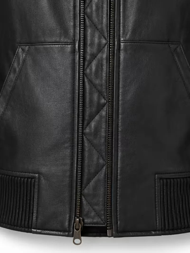 Women's black sheepskin leather bomber jacket, pocket detail