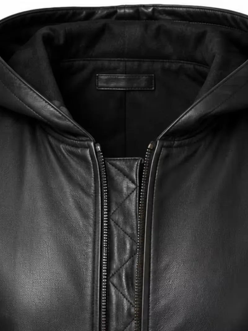 Women's black sheepskin leather bomber jacket, zip and closure detail