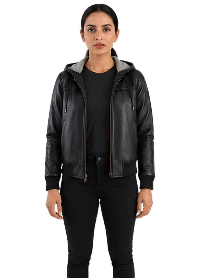 Women's black sheepskin leather hooded jacket, front view