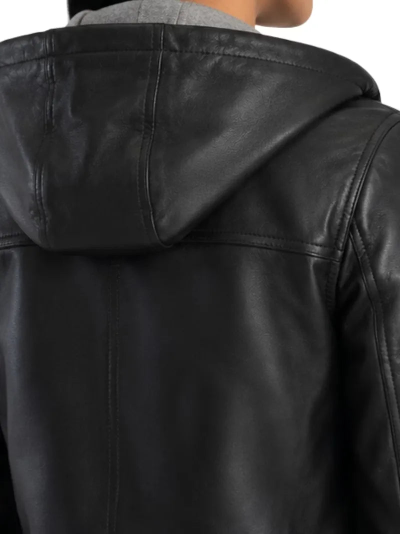 Women's black sheepskin leather hooded jacket, pocket detail