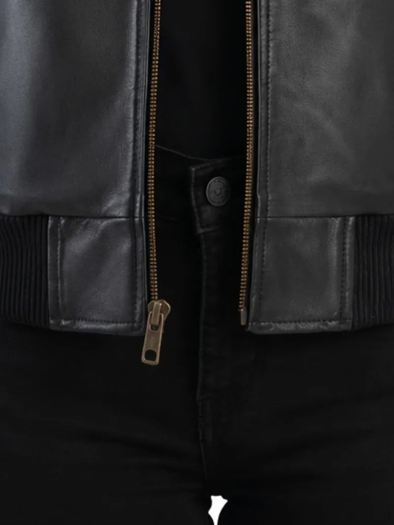Women's black sheepskin leather hooded jacket, cuff detail