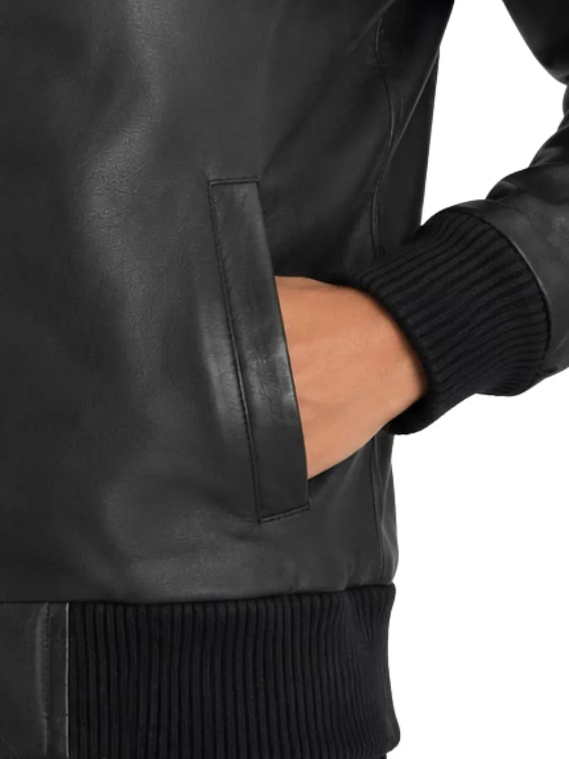 Women's black sheepskin leather hooded jacket, lining detail