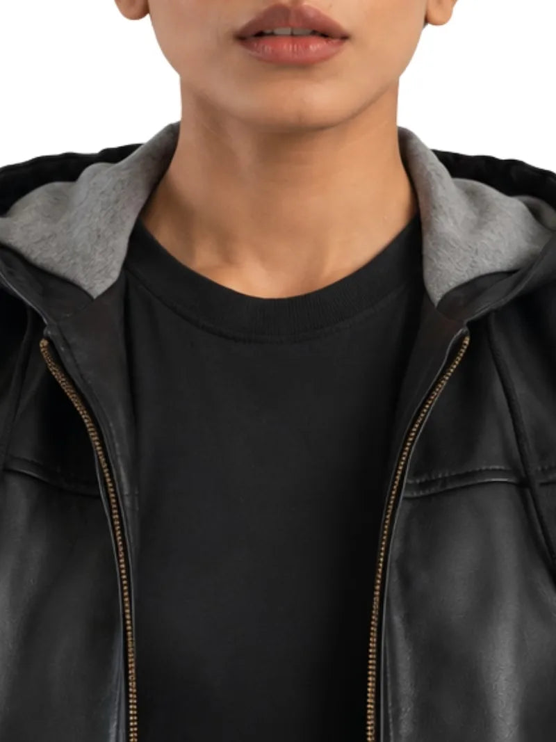 Women's black sheepskin leather hooded jacket, zip and closure detail