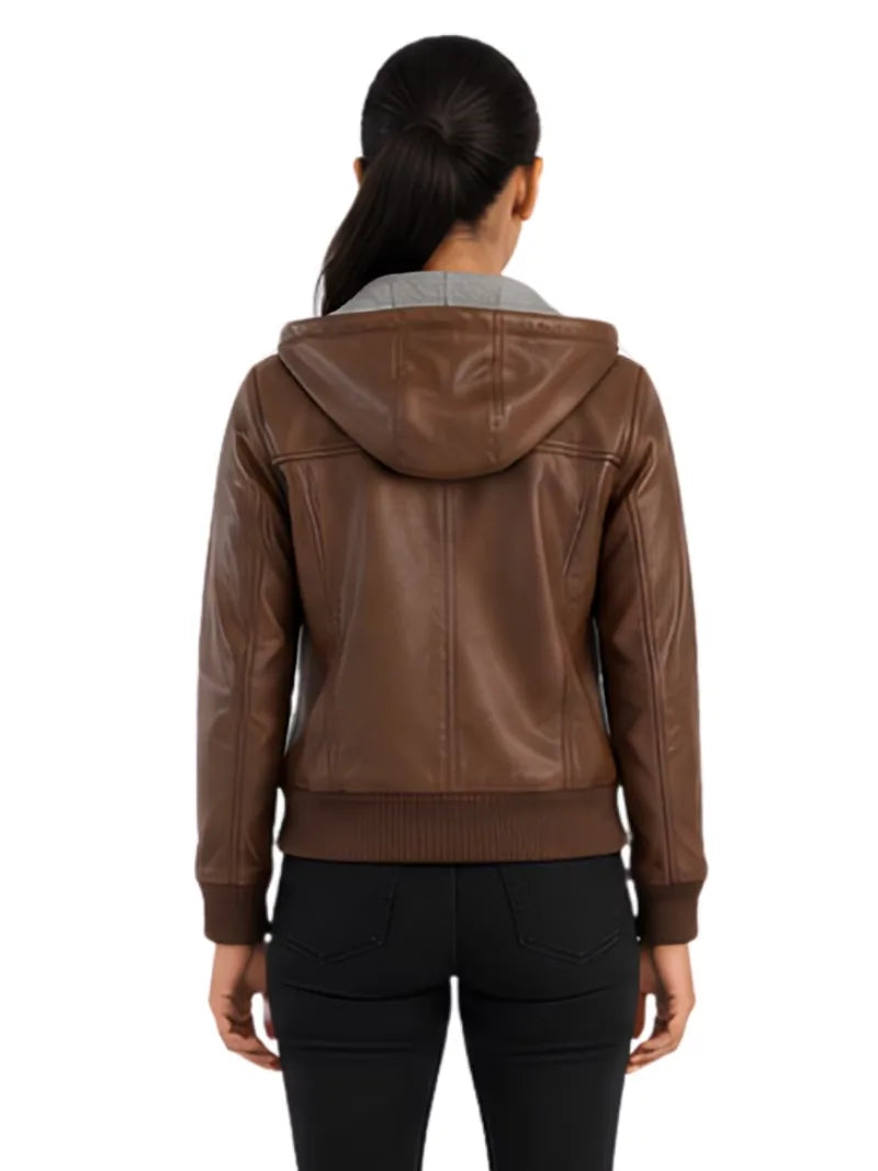 Women's black sheepskin leather hooded jacket, collar detail