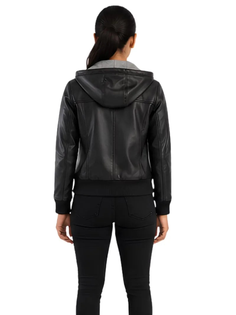 Women's black sheepskin leather hooded jacket, back view