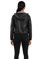 Women's black sheepskin leather hooded jacket, back view