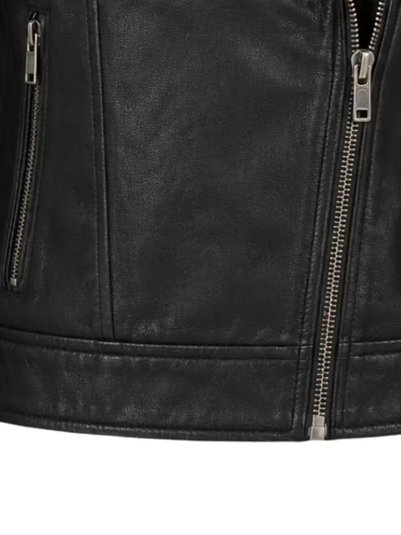 Women's black sheepskin leather jacket, pocket detail