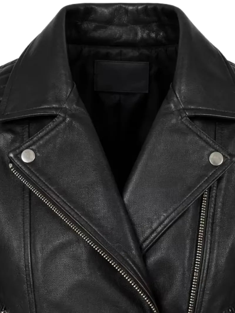 Women's black sheepskin leather jacket, zip and closure detail