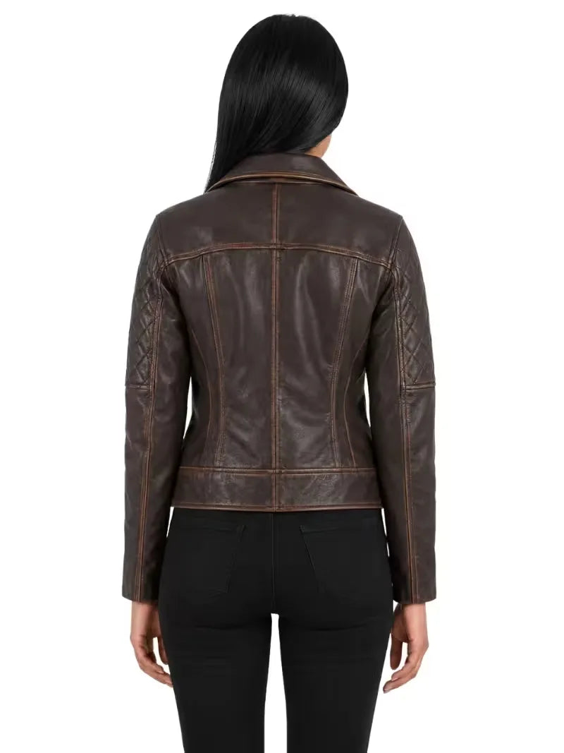 Women's black sheepskin leather jacket, collar detail