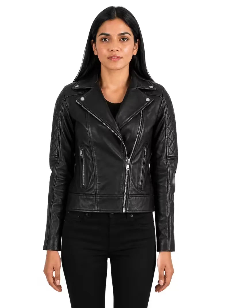 Women's black sheepskin leather jacket, front view