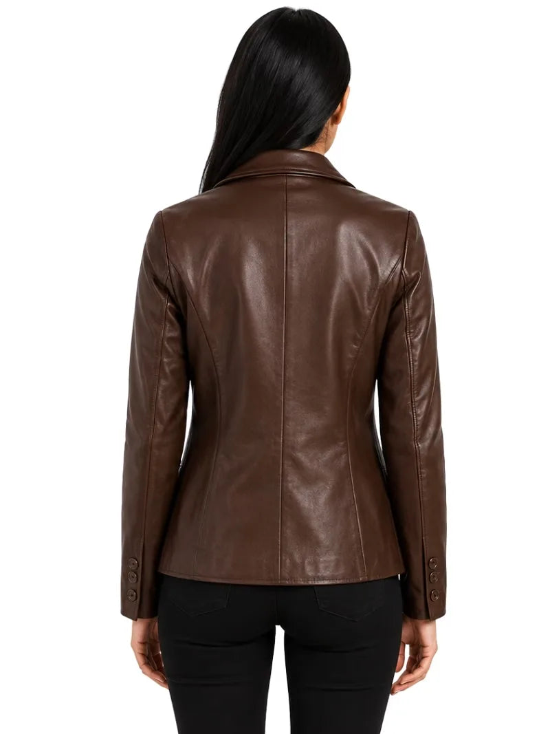 Women's black sheepskin leather blazer, collar detail