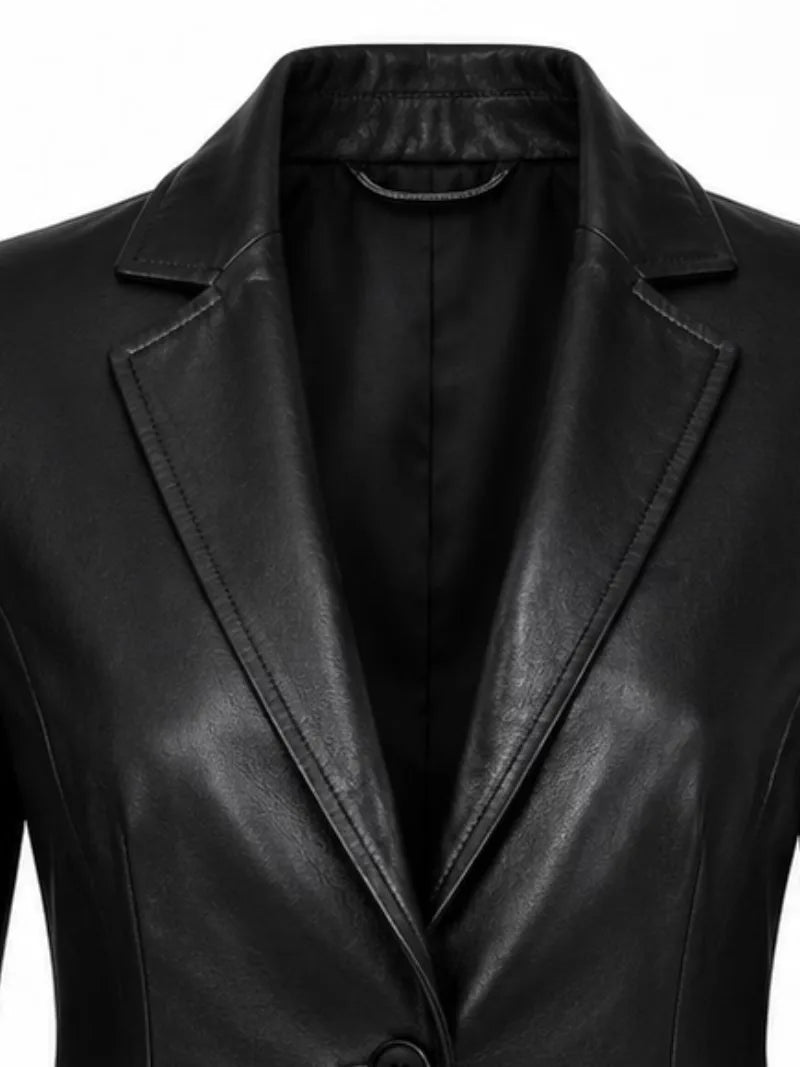Women's black sheepskin leather blazer, zip and closure detail