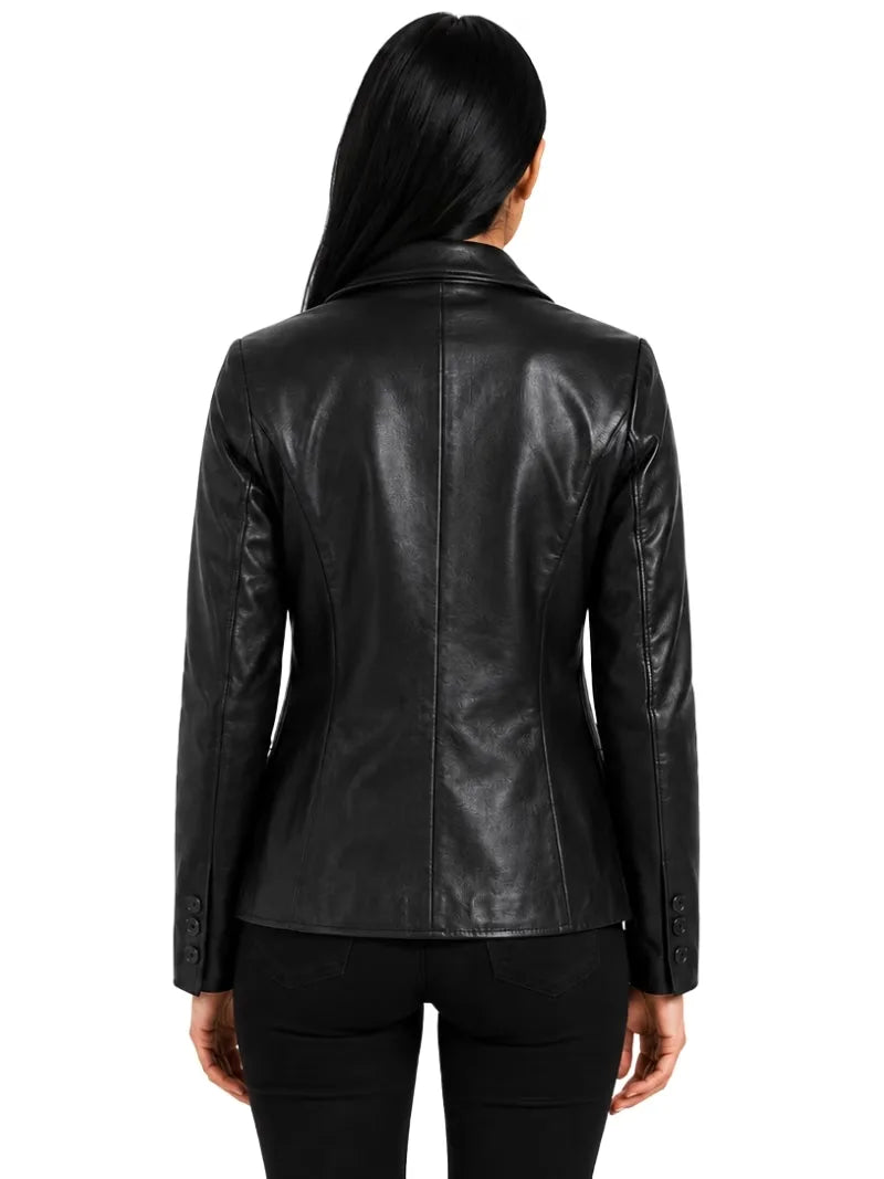 Women's black sheepskin leather blazer, back view