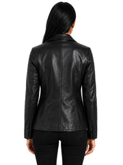 Women's black sheepskin leather blazer, back view