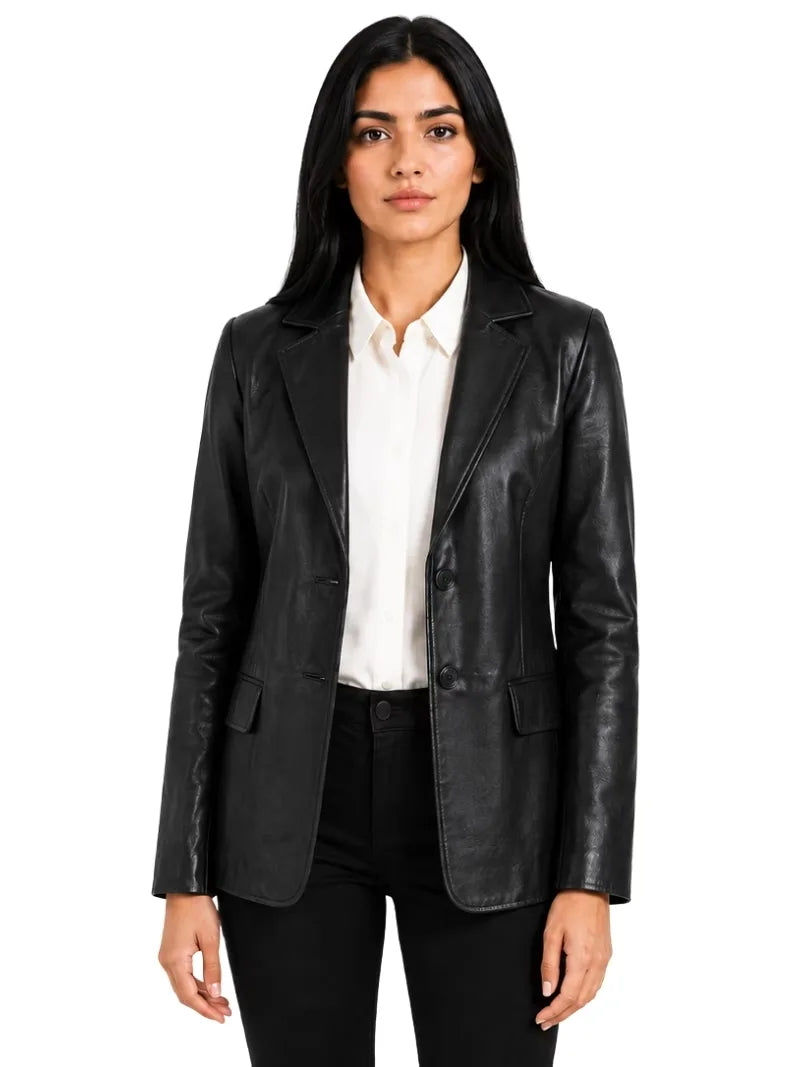 Women's black sheepskin leather blazer, front view
