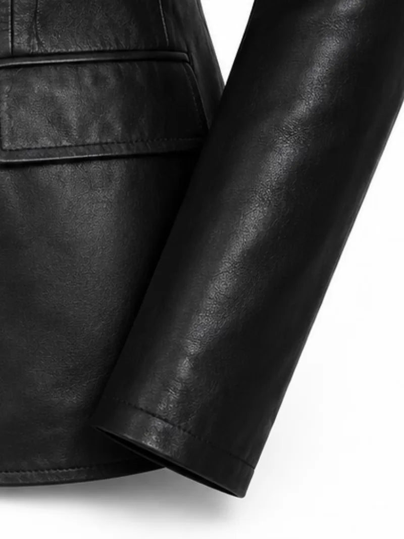 Women's black sheepskin leather blazer, lining detail