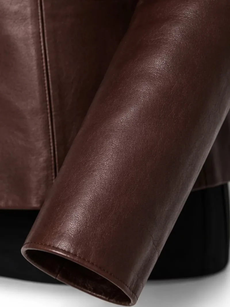 Women's maroon sheepskin leather blazer, lining detail
