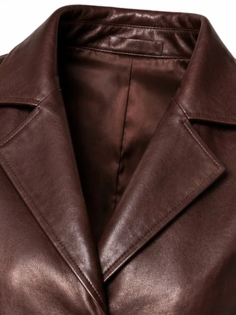 Women's maroon sheepskin leather blazer, zip and closure detail