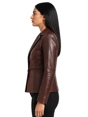Women's maroon sheepskin leather blazer, collar detail
