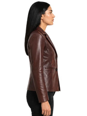 Women's maroon sheepskin leather blazer, side view