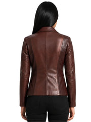 Women's maroon sheepskin leather blazer, back view