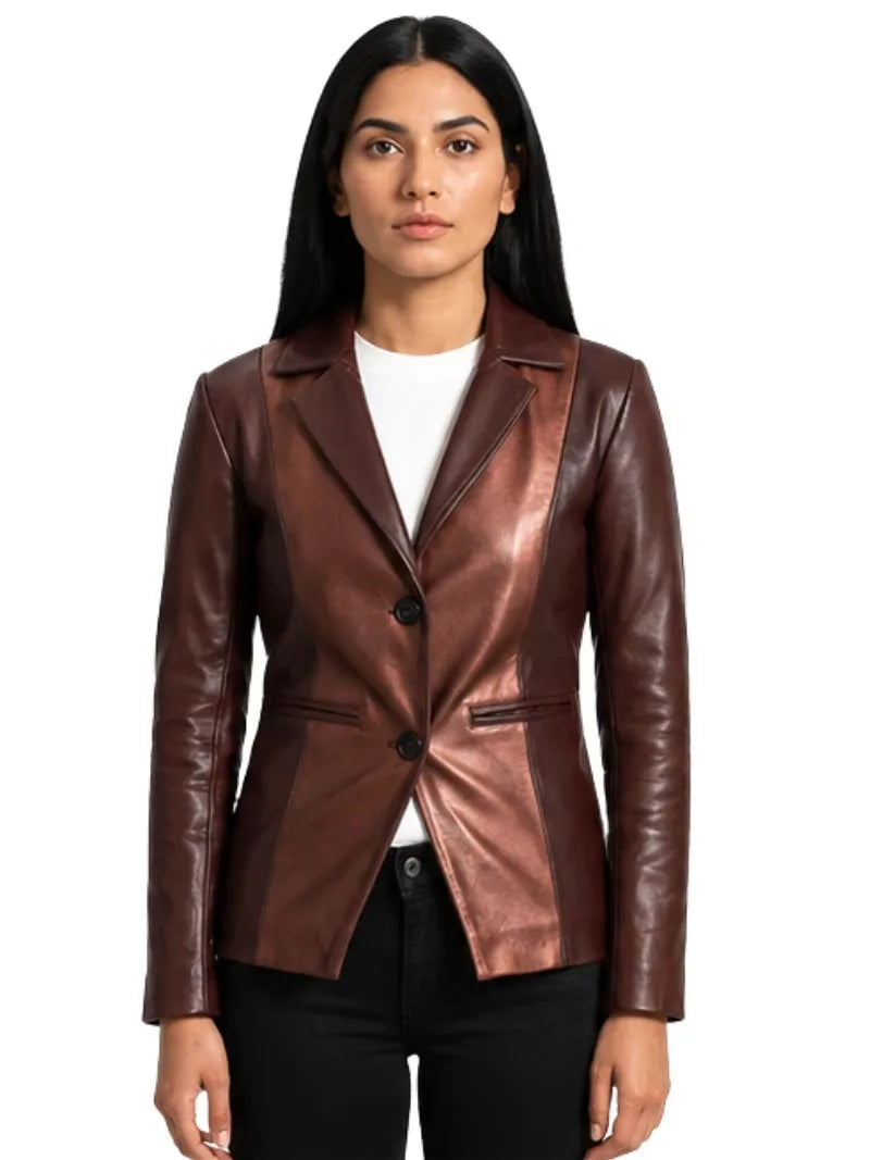 Women's maroon sheepskin leather blazer, front view