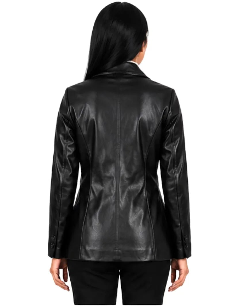 Women's black sheepskin leather blazer, back view