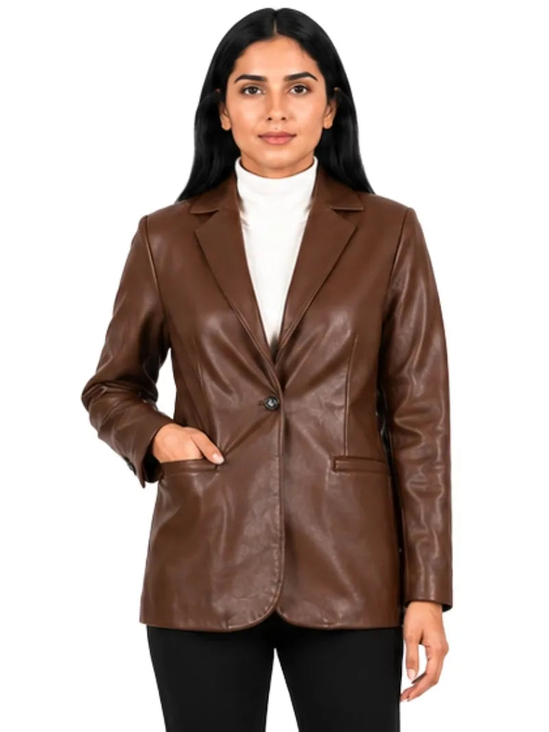 Women's black sheepskin leather blazer, side view