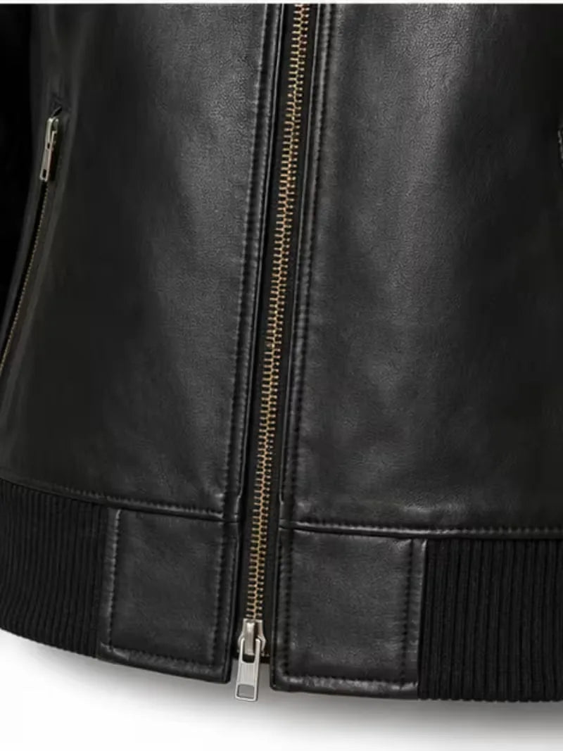 Women's black sheepskin leather bomber jacket, cuff detail