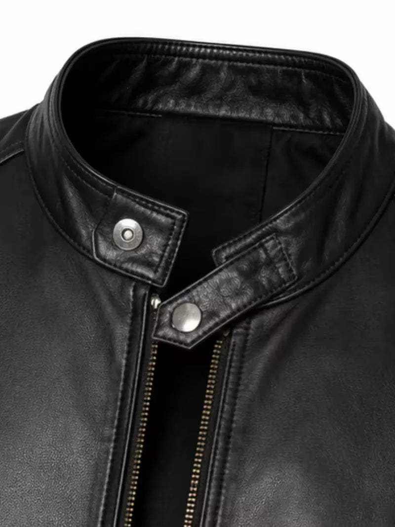 Women's black sheepskin leather bomber jacket, zip and closure detail