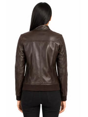 Women's black sheepskin leather bomber jacket, collar detail