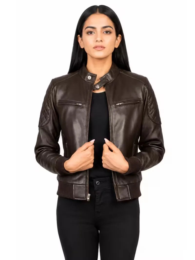 Women's black sheepskin leather bomber jacket, side view