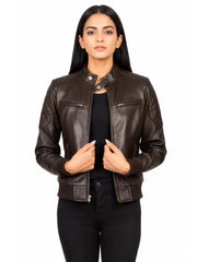 Women's black sheepskin leather bomber jacket, side view