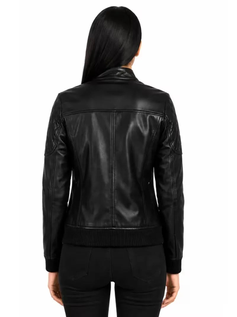 Women's black sheepskin leather bomber jacket, back view